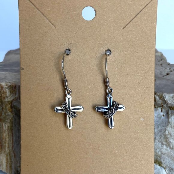 Sterling Silver 925 Petite Dainty Cross & Crown Dangle Drop Earrings - Picture 16 of 16
